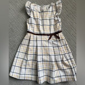 Janie and Jack White Dress with Yellow and Gray Plaid and Brown Ribbon